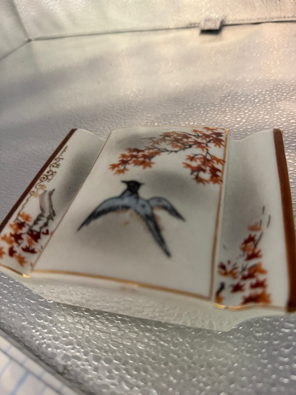 Vintage Porcelain Trinket with Hand Painted Bird, Leaf Motif and gold accents